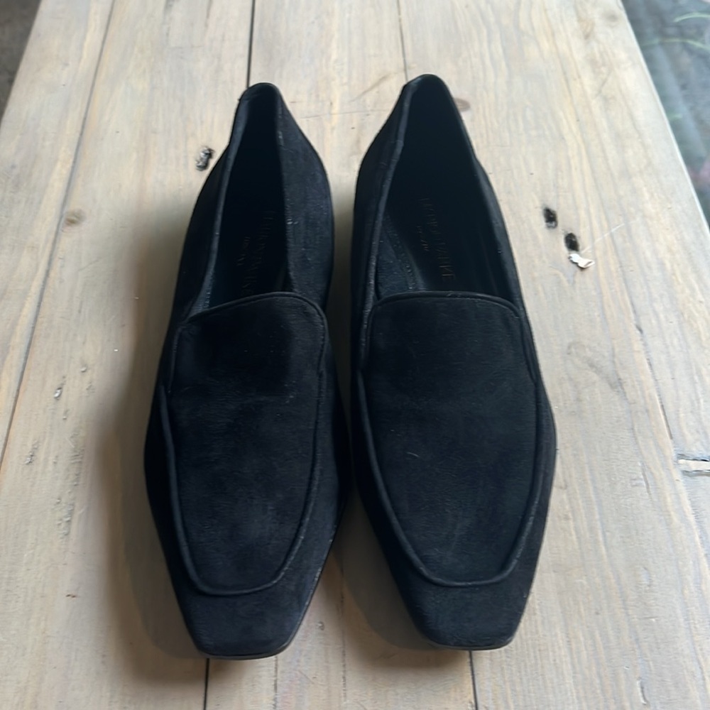 New Marion Parke Caroline Black Suede Square Toe Flat Loafer 10mm Size 6.5